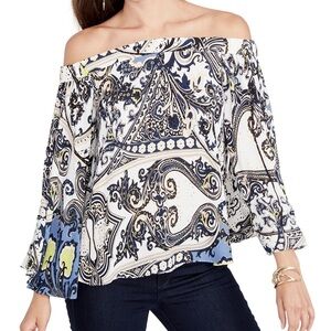 Off-Shoulder Paisley Top - Blue and White